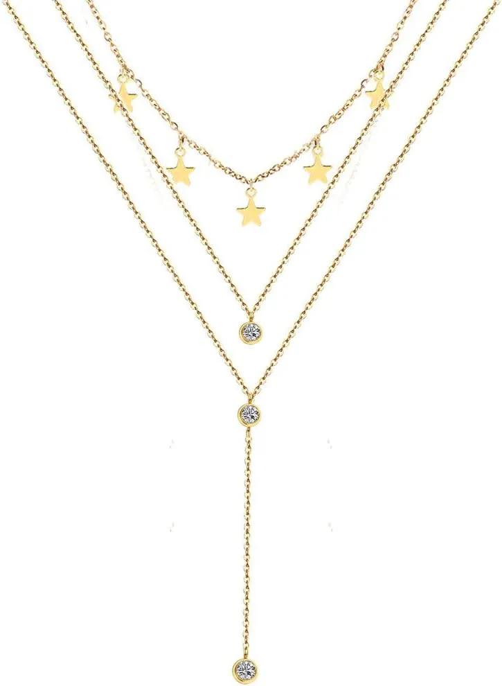 Stainless Steel Collar Necklaces 3 Layer Crystal Star Pendant Necklaces For Women Multilayer Star Necklaces Jewelry (3 layer silver- )