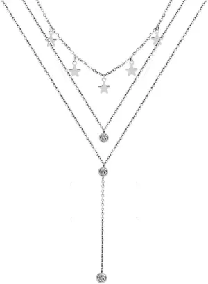 Stainless Steel Collar Necklaces 3 Layer Crystal Star Pendant Necklaces For Women Multilayer Star Necklaces Jewelry (3 layer silver- )
