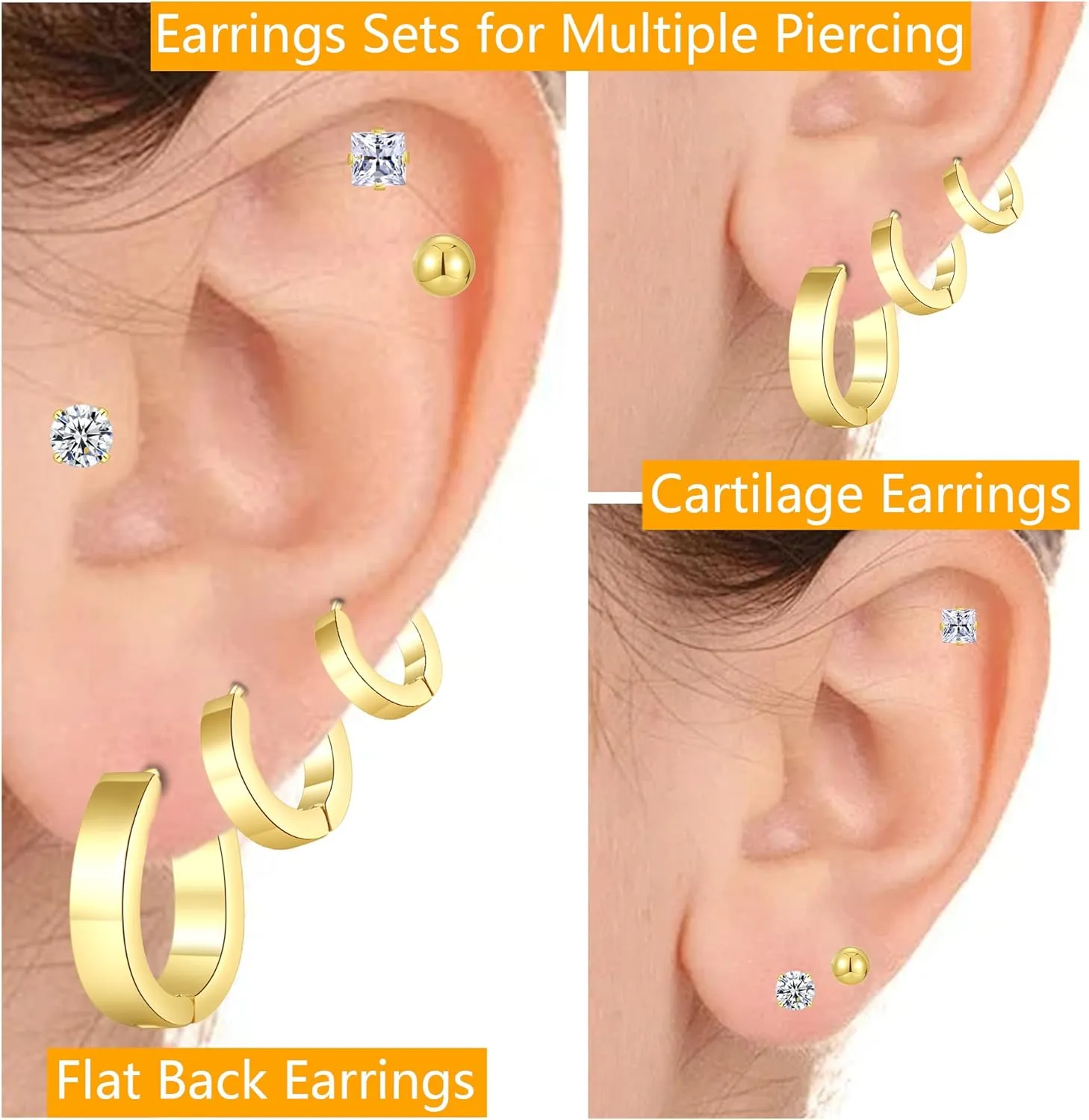 Stainless Steel Gold/Silver Plated Hoop Earrings for Women, Hypoallergenic 14k Gold Hoops Huggie Earrings Lightweight Cartilage Small CZ Ball Flatback Studs Earring Pack for Multiple Piercing