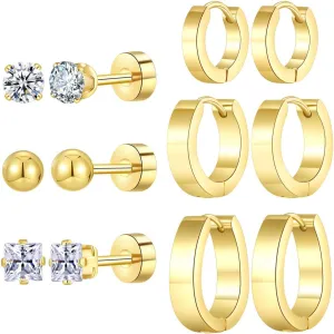Stainless Steel Gold/Silver Plated Hoop Earrings for Women, Hypoallergenic 14k Gold Hoops Huggie Earrings Lightweight Cartilage Small CZ Ball Flatback Studs Earring Pack for Multiple Piercing