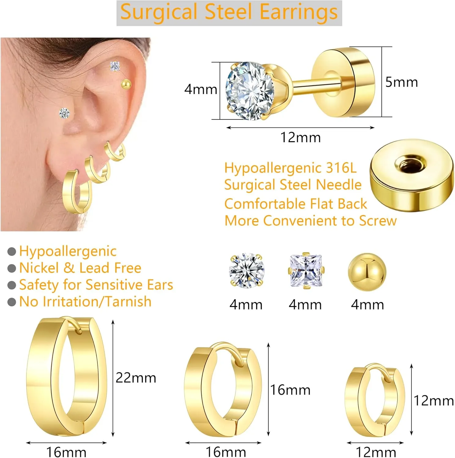 Stainless Steel Gold/Silver Plated Hoop Earrings for Women, Hypoallergenic 14k Gold Hoops Huggie Earrings Lightweight Cartilage Small CZ Ball Flatback Studs Earring Pack for Multiple Piercing