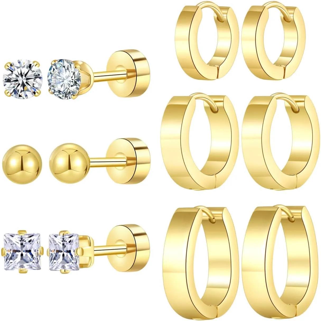 Stainless Steel Gold/Silver Plated Hoop Earrings for Women, Hypoallergenic 14k Gold Hoops Huggie Earrings Lightweight Cartilage Small CZ Ball Flatback Studs Earring Pack for Multiple Piercing