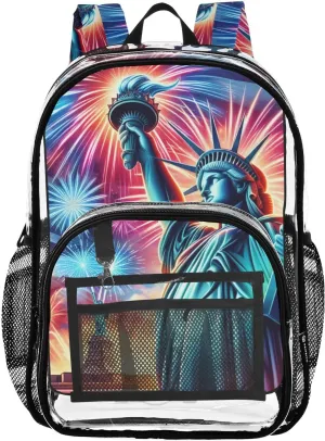Statue Of Liberty Independence Day Clear Backpack with Back Print, Heavy Duty See Through Backpacks PVC Transparent Daypack for Travel Security