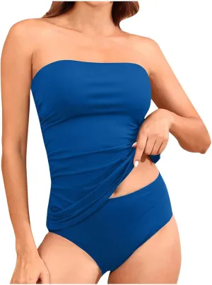 Strapless Tankini Sest for Women Bandeau Bathing Suits Ruched Tummy Control Swimwear Sexy Tube Tops with Bottoms 2025