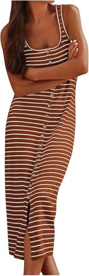Striped Dress for Women, Summer Dresses 2025 Trendy Casual Button Down Dress, Sleeveless Midi Square Neck Tank Dress