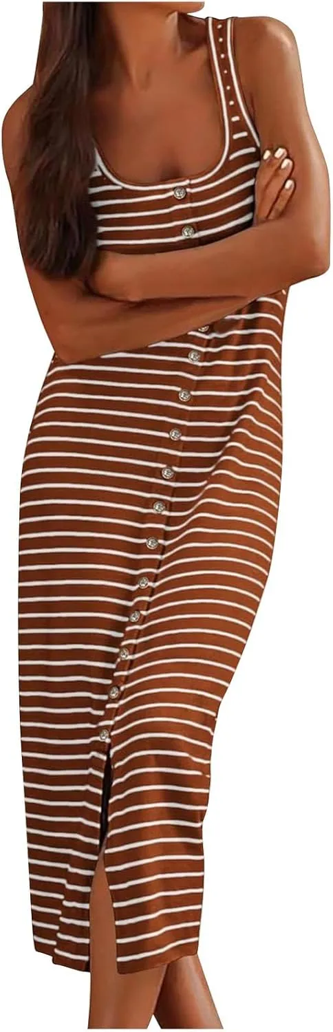 Striped Dress for Women, Summer Dresses 2025 Trendy Casual Button Down Dress, Sleeveless Midi Square Neck Tank Dress