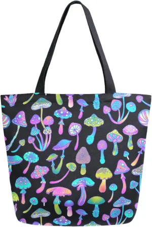 Stylish Extra Large Shoulder Grocery Tote Bag, Magic Mushrooms Seamless Pattern Canvas Daily Handle Bag for Gym Yoga Weekender Beach Travel Picnic Kitchen Reusable Market Shopping