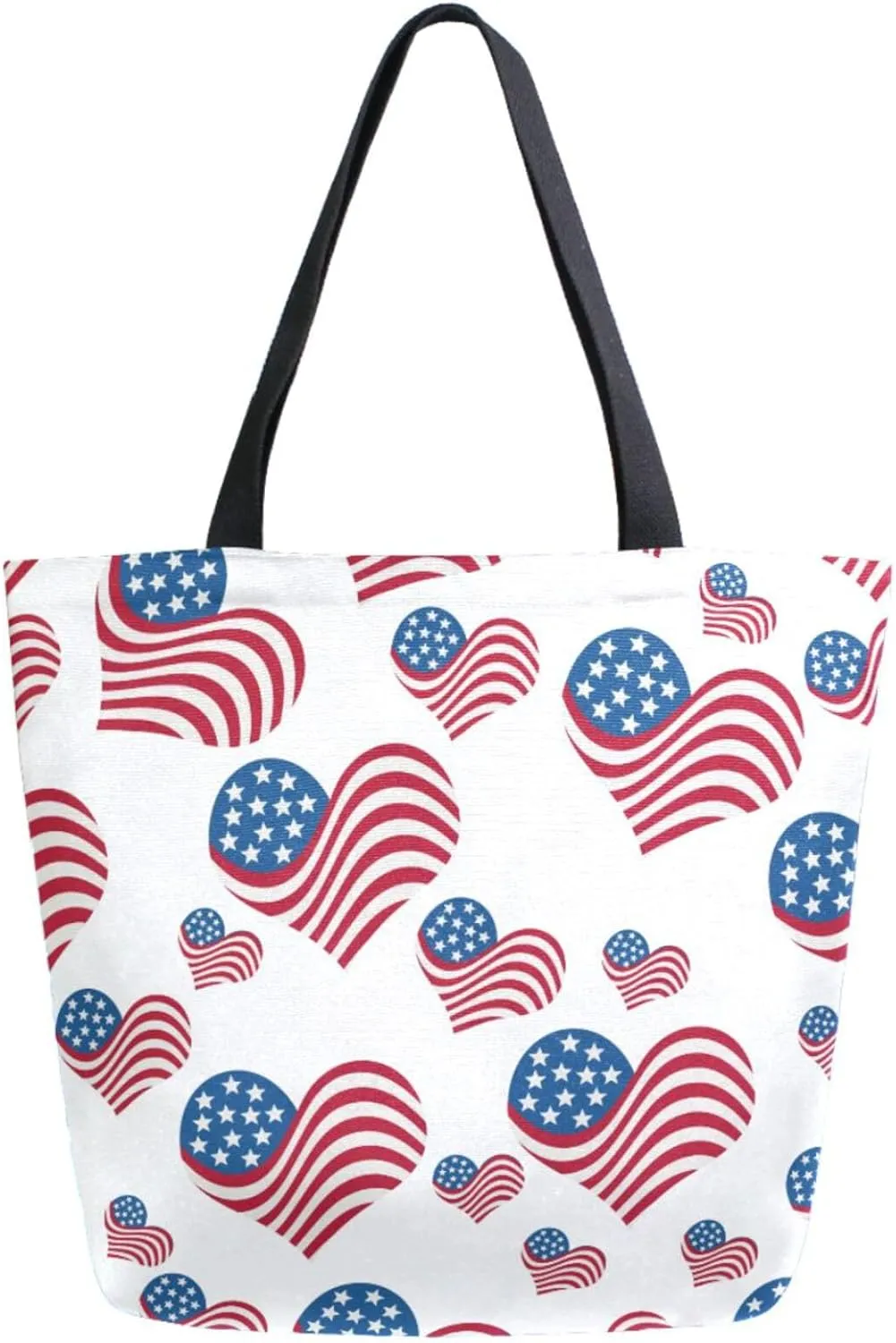 Stylish Extra Large Shoulder Grocery Tote Bag, Usa Flag in Hearts Floral Pattern Canvas Daily Handle Bag for Gym Yoga Weekender Beach Travel Picnic Kitchen Reusable Market Shopping