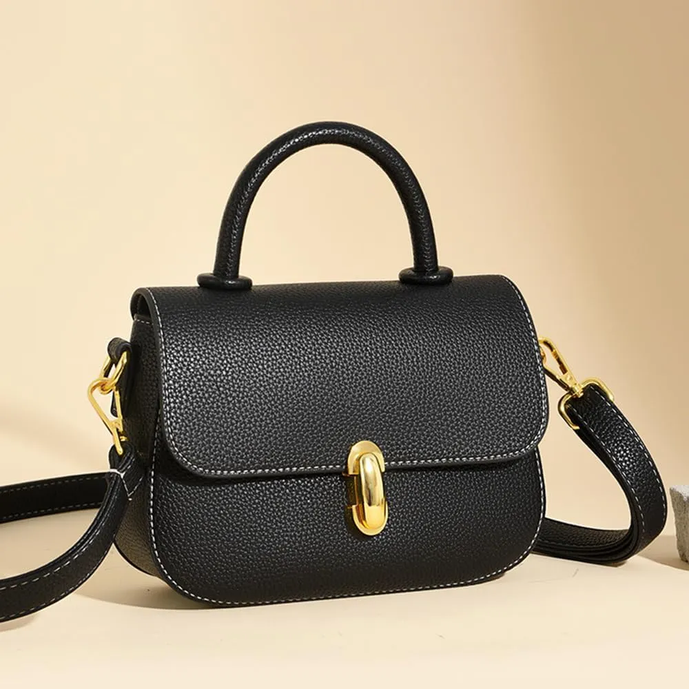 Stylish Small Leather Crossbody Bag for Women - Top Handle Satchel Handbag with Flap Purse Design