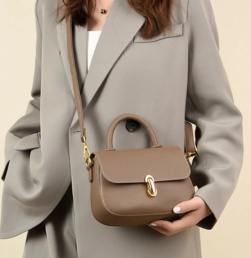 Stylish Small Leather Crossbody Bag for Women - Top Handle Satchel Handbag with Flap Purse Design