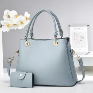 Stylish Solid Color Tote Shoulder Bag Set for Women - Beige Leather Satchel with Top Handle