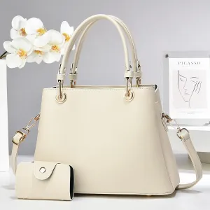 Stylish Solid Color Tote Shoulder Bag Set for Women - Beige Leather Satchel with Top Handle