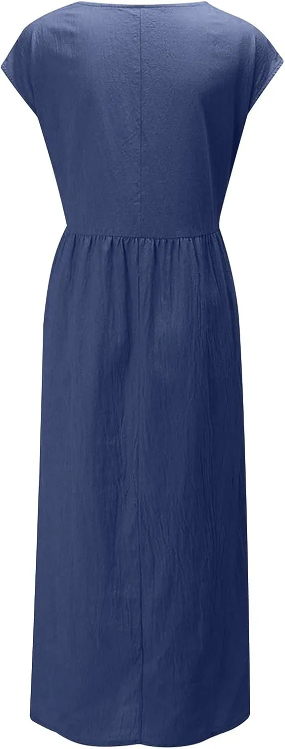 Summer Dresses for Women 2025 Plus Size Cotton Linen Beach Dress Casual A-Line Sleeveless Midi Sundress with Pockets