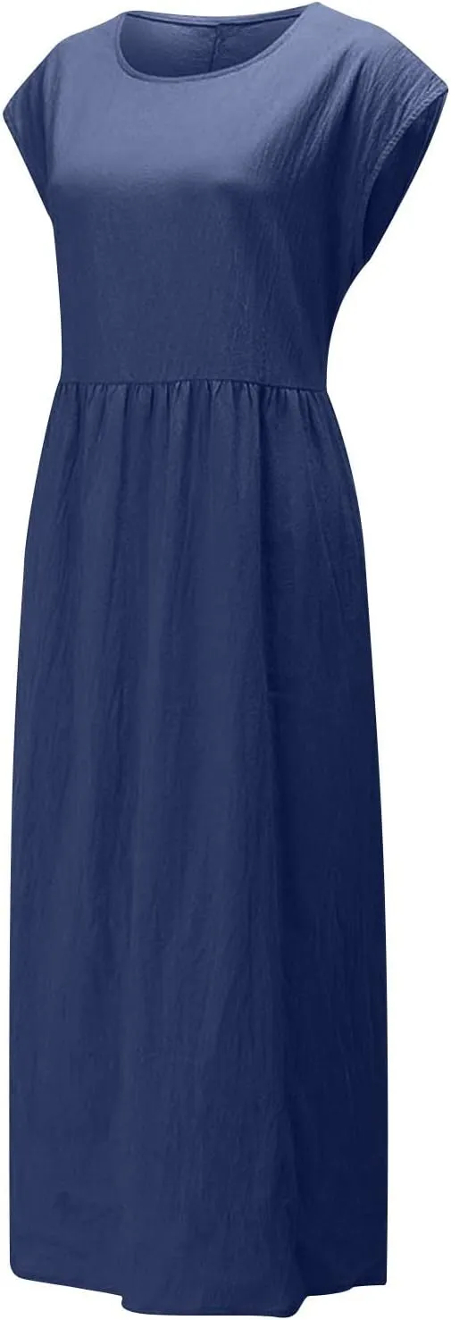 Summer Dresses for Women 2025 Plus Size Cotton Linen Beach Dress Casual A-Line Sleeveless Midi Sundress with Pockets