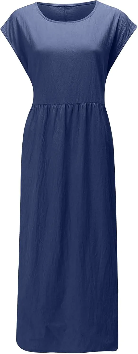 Summer Dresses for Women 2025 Plus Size Cotton Linen Beach Dress Casual A-Line Sleeveless Midi Sundress with Pockets