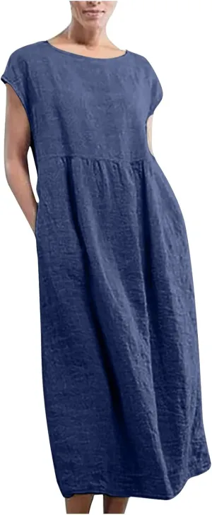 Summer Dresses for Women 2025 Plus Size Cotton Linen Beach Dress Casual A-Line Sleeveless Midi Sundress with Pockets