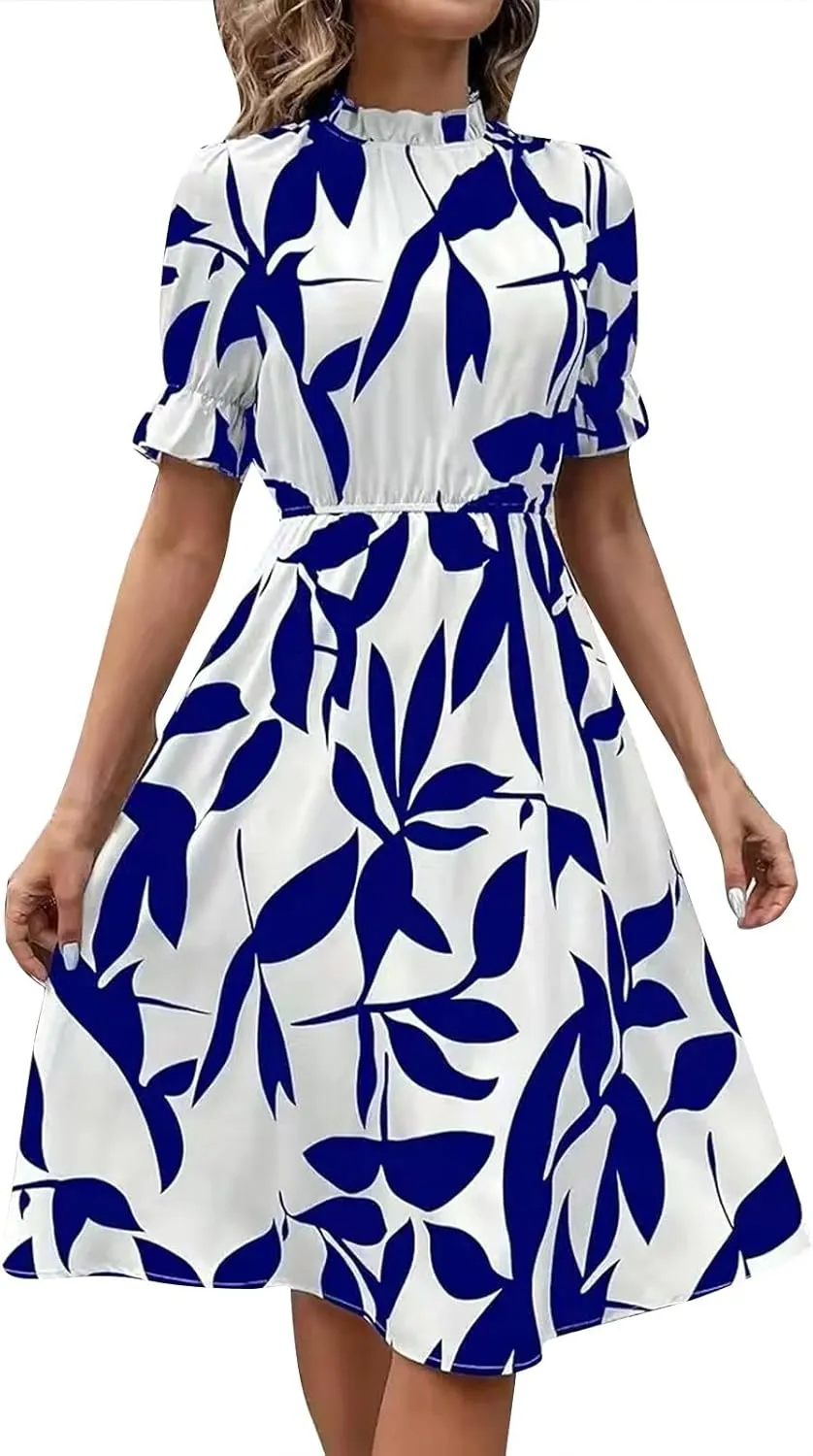 Summer Dresses for Women 2025 Vacation Crewneck Short Sleeve Floral Midi Dress Casual Flowy Boho Summer Beach Dress
