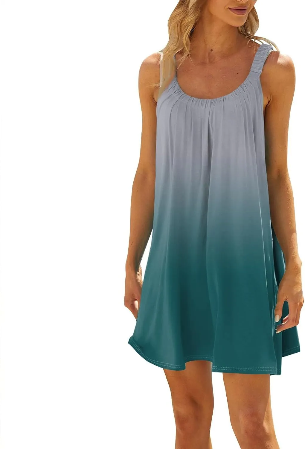 Summer Dresses for Women Sleeveless Spaghetti Strap Boho Beach Dress Square Neck Pleated Mini Dress Swimsuit Coverup
