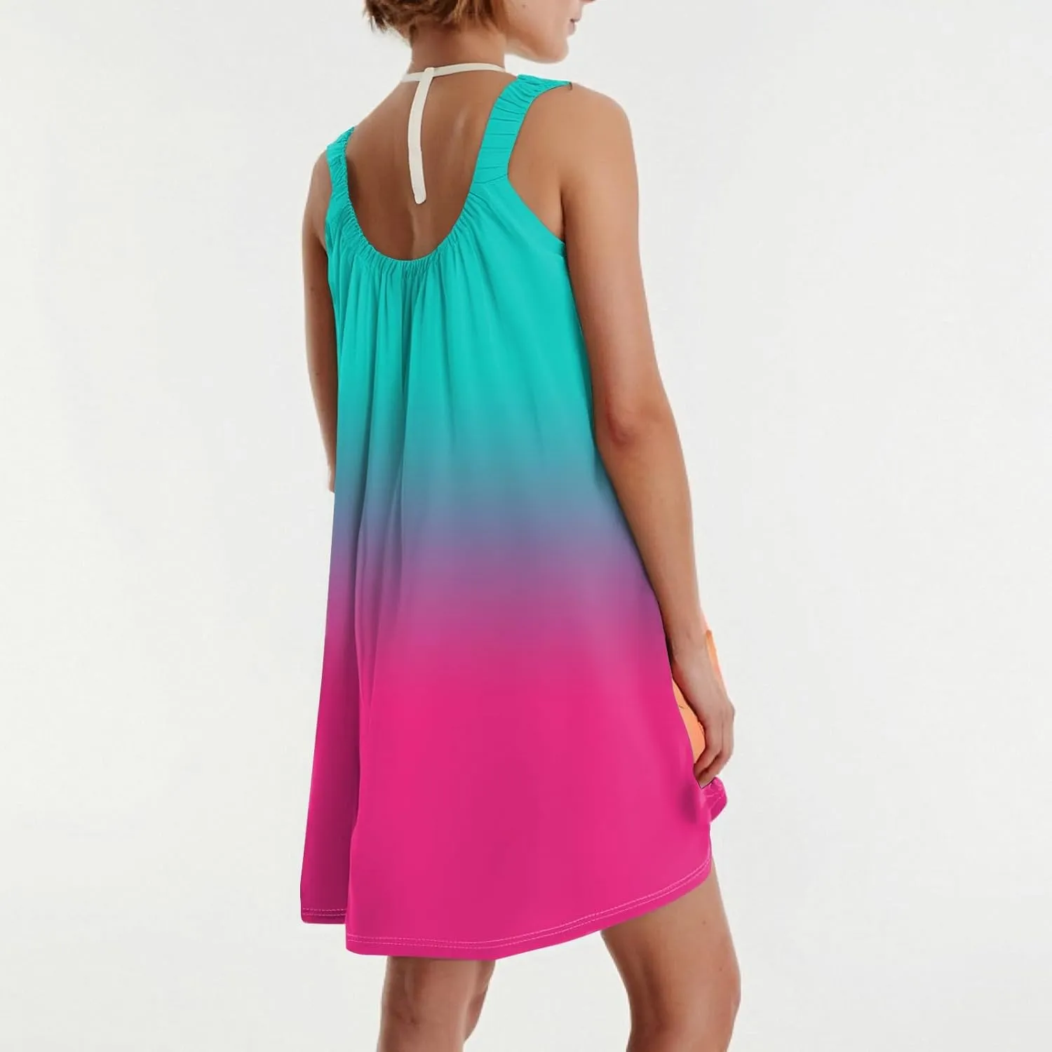 Summer Dresses for Women Sleeveless Spaghetti Strap Boho Beach Dress Square Neck Pleated Mini Dress Swimsuit Coverup