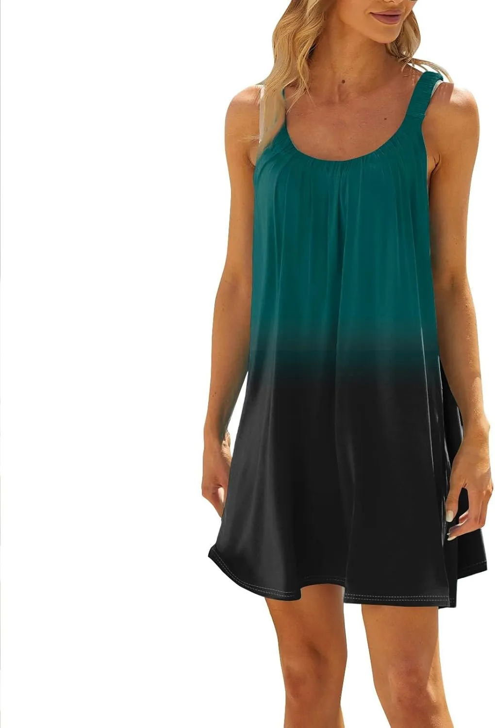 Summer Dresses for Women Sleeveless Spaghetti Strap Boho Beach Dress Square Neck Pleated Mini Dress Swimsuit Coverup