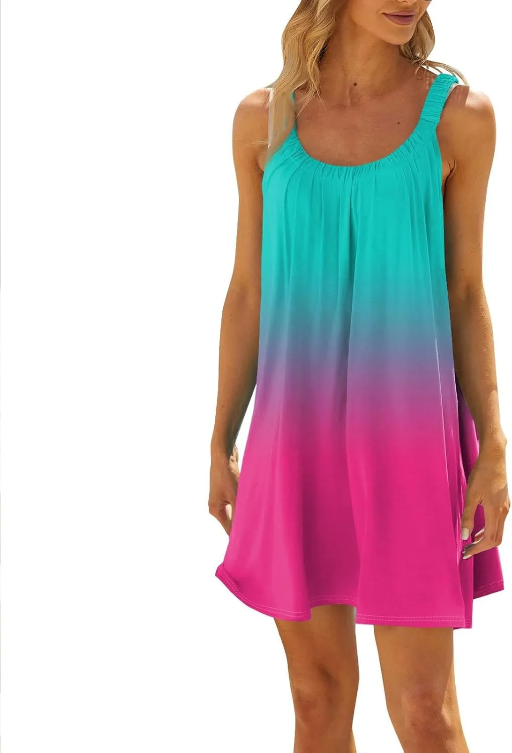 Summer Dresses for Women Sleeveless Spaghetti Strap Boho Beach Dress Square Neck Pleated Mini Dress Swimsuit Coverup