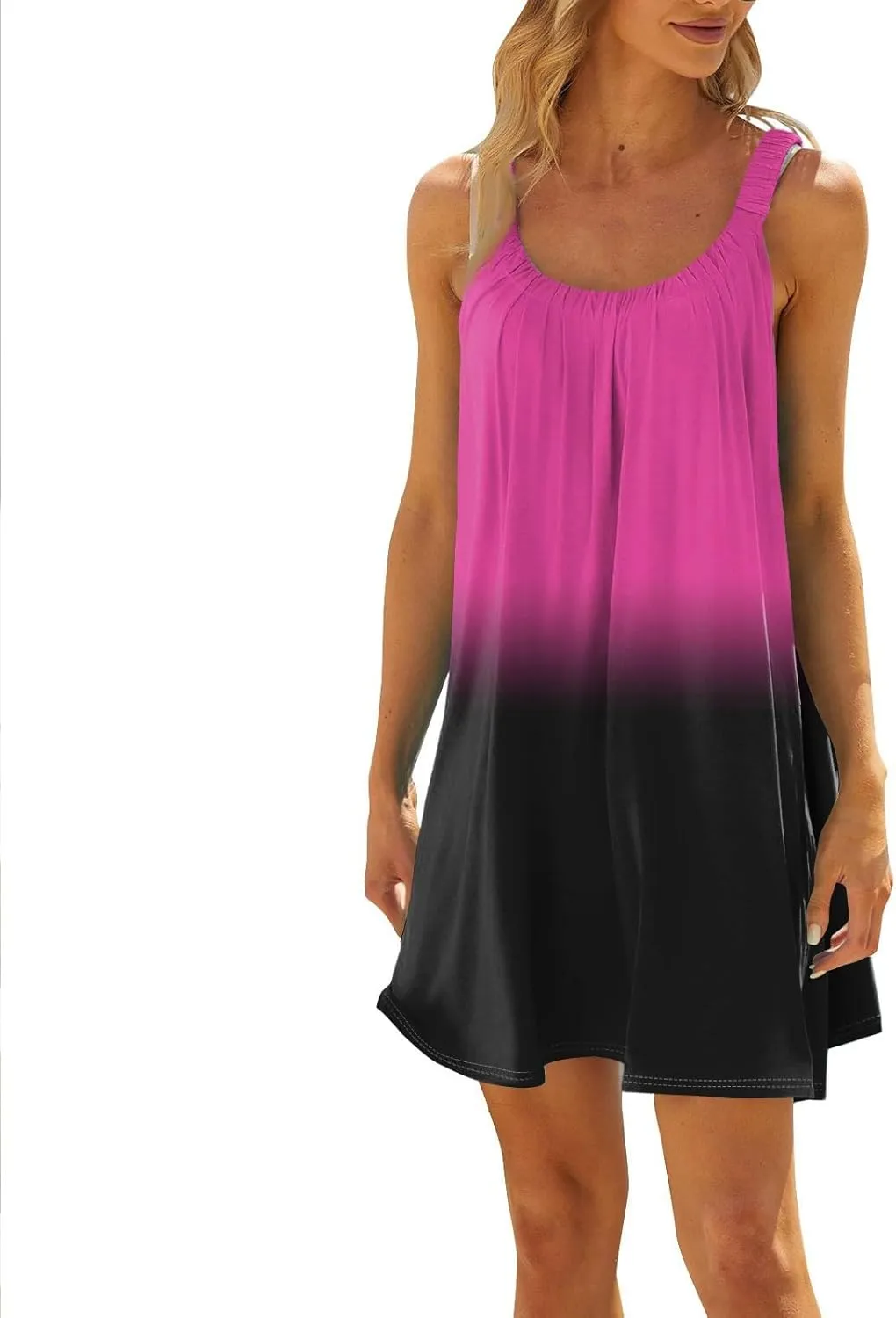 Summer Dresses for Women Sleeveless Spaghetti Strap Boho Beach Dress Square Neck Pleated Mini Dress Swimsuit Coverup
