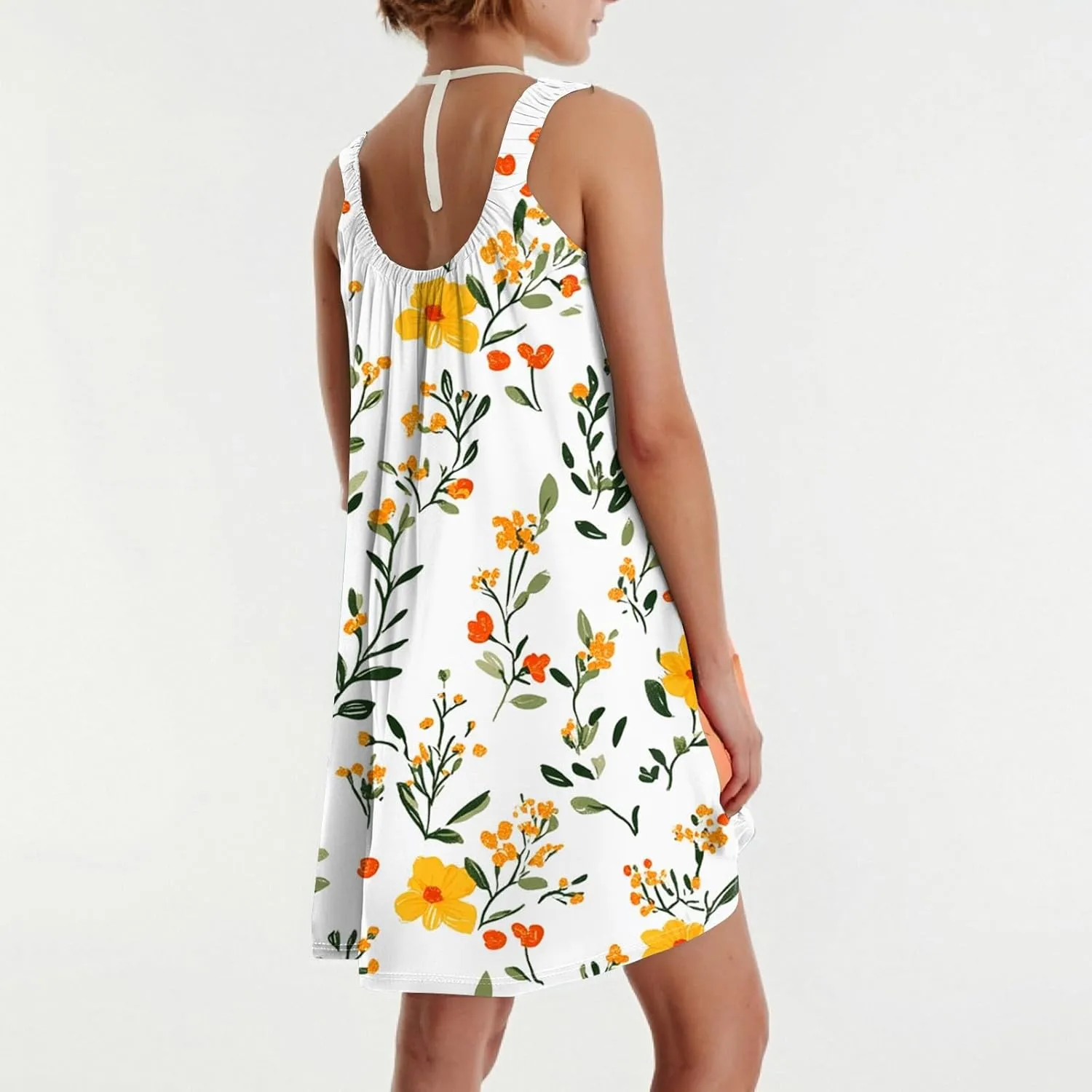 Summer Dresses for Women Sleeveless Spaghetti Strap Boho Beach Dress Square Neck Pleated Mini Dress Swimsuit Coverup