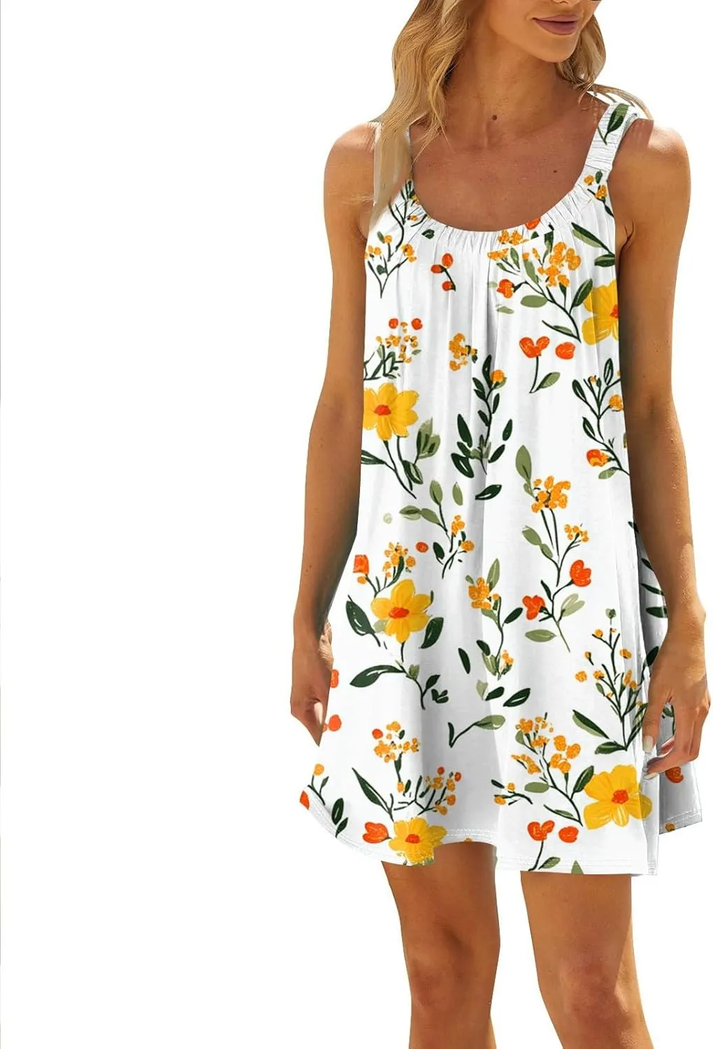 Summer Dresses for Women Sleeveless Spaghetti Strap Boho Beach Dress Square Neck Pleated Mini Dress Swimsuit Coverup