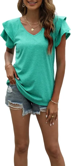 Summer T Shirts for Women V Neck Layered Ruffle Trim Short Sleeve Loose Fit Tees Baggy Lounge Outdoor Running Tops