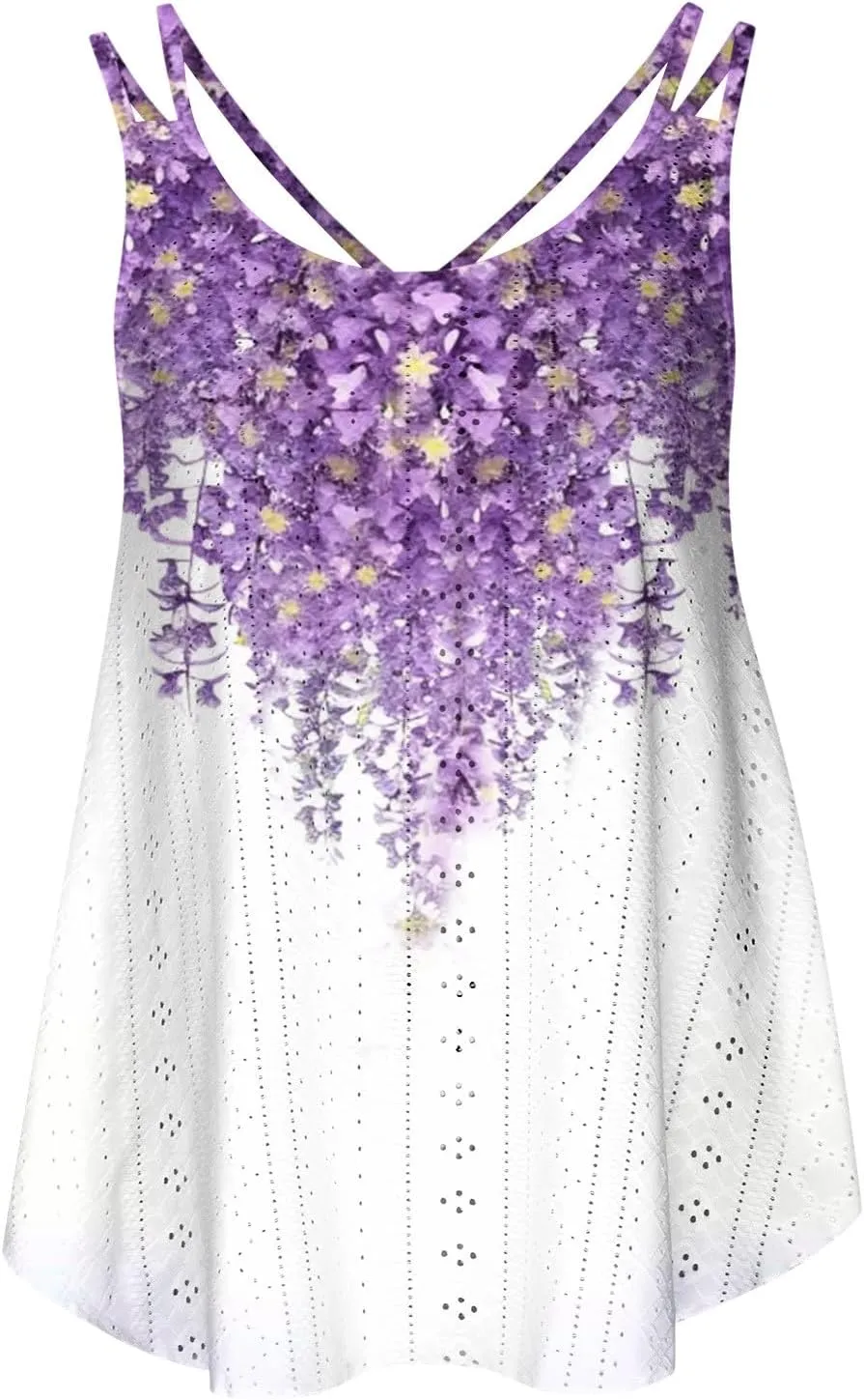 Summer Tops for Women 2025 Eyelet Embroidery Tank Tops Sleeveless Spaghetti Strap Scoop Neck Beach Vacation Clothes
