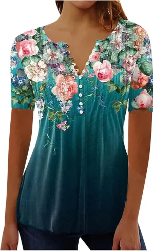 Summer Tops for Women 2025 Trendy Boho Floral Print Tunic Shirts Short Sleeve Button V Neck Tshirt Casual Blouse