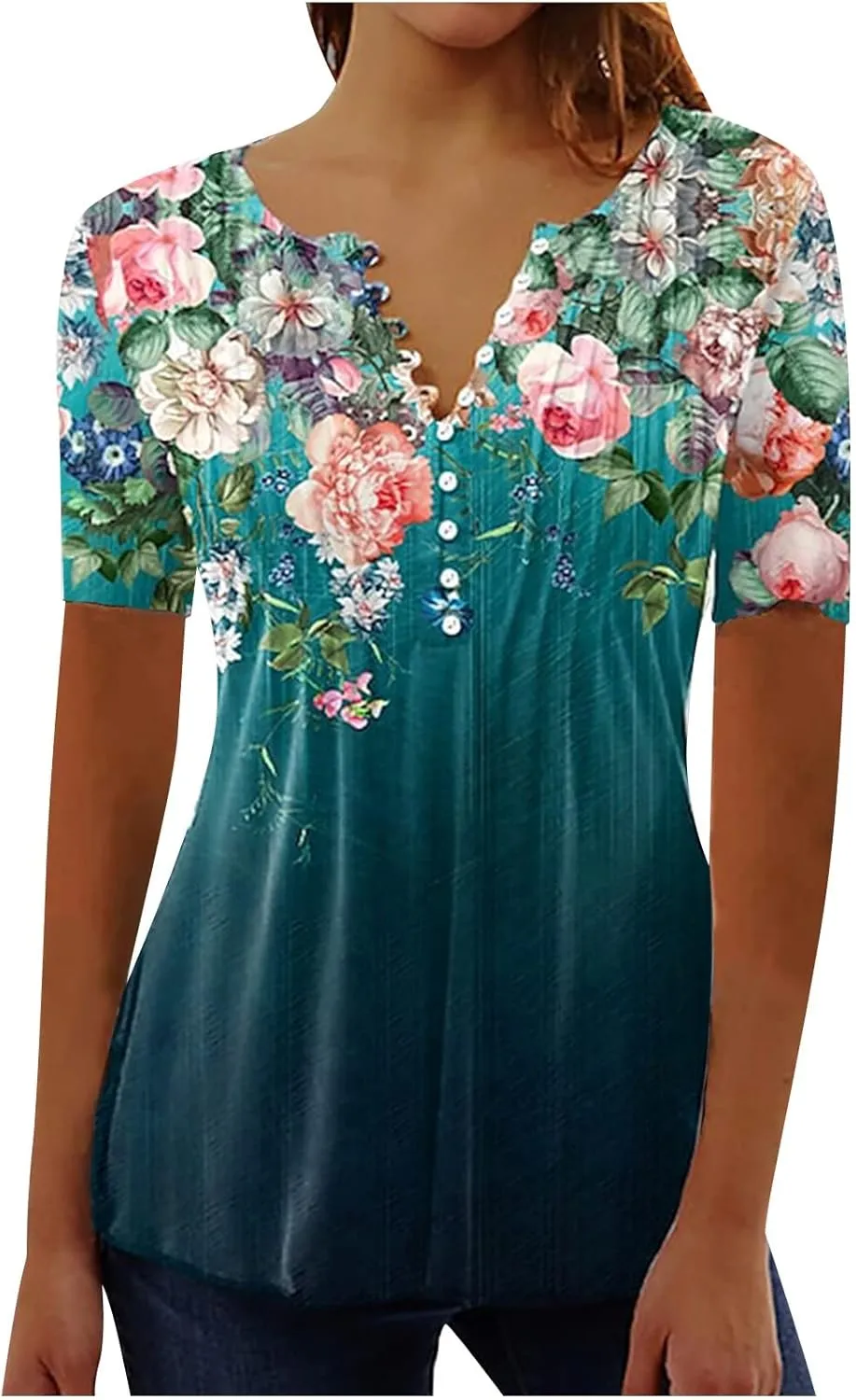 Summer Tops for Women 2025 Trendy Boho Floral Print Tunic Shirts Short Sleeve Button V Neck Tshirt Casual Blouse