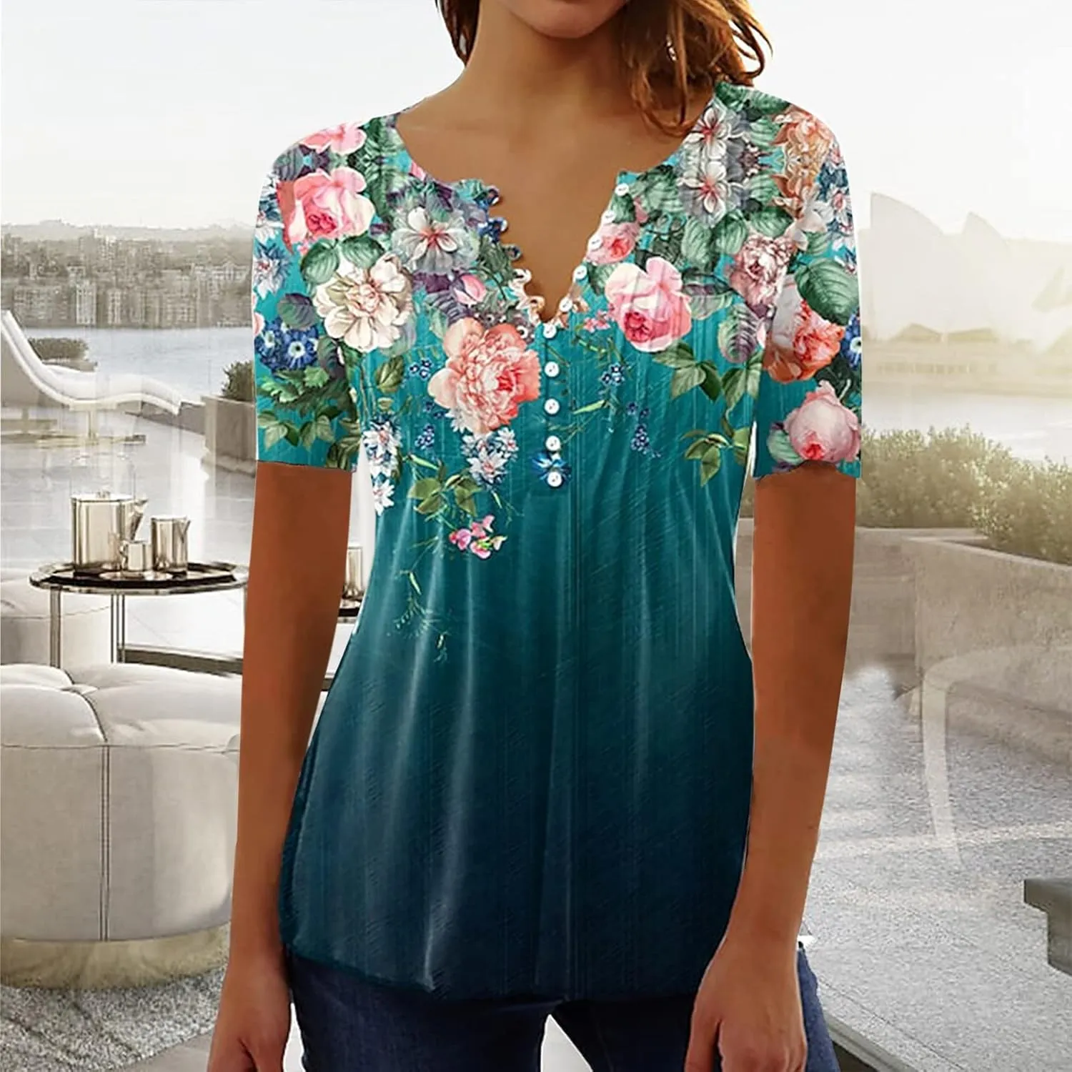 Summer Tops for Women 2025 Trendy Boho Floral Print Tunic Shirts Short Sleeve Button V Neck Tshirt Casual Blouse