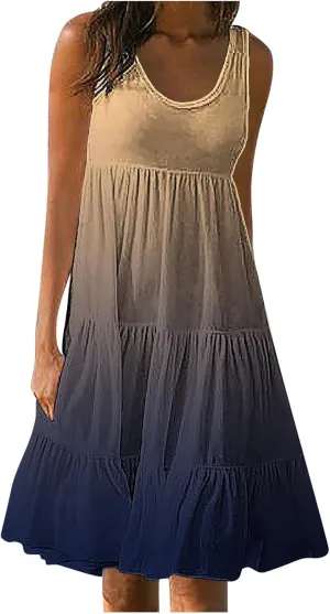 Sun Dresses for Women 2024 Vacation Plus Size Gradient Loose Fit Ruched Beach Dresses Tiered Knee Length Dresses