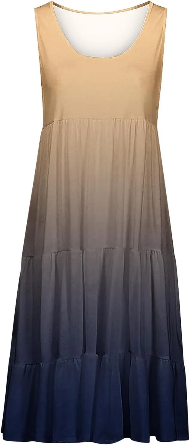 Sun Dresses for Women 2024 Vacation Plus Size Gradient Loose Fit Ruched Beach Dresses Tiered Knee Length Dresses