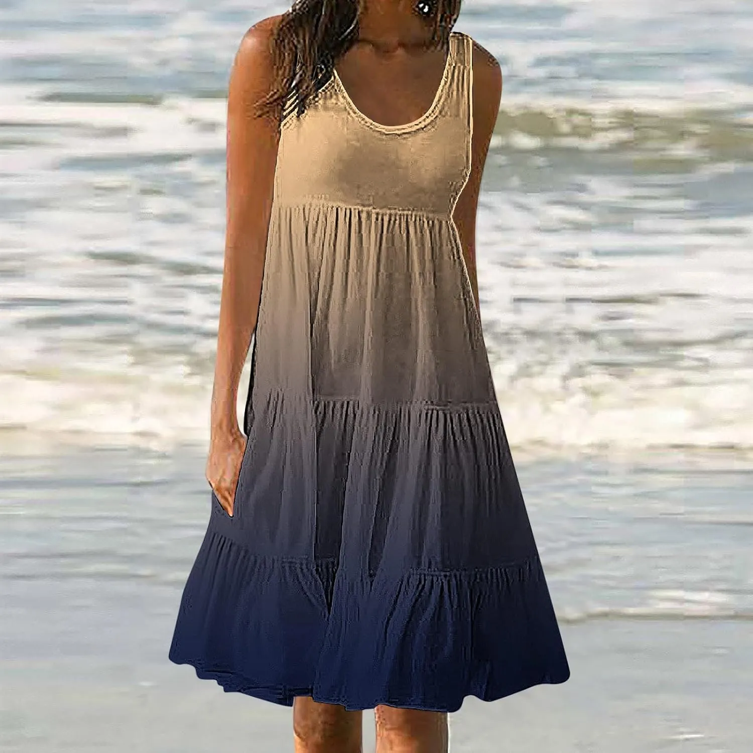 Sun Dresses for Women 2024 Vacation Plus Size Gradient Loose Fit Ruched Beach Dresses Tiered Knee Length Dresses