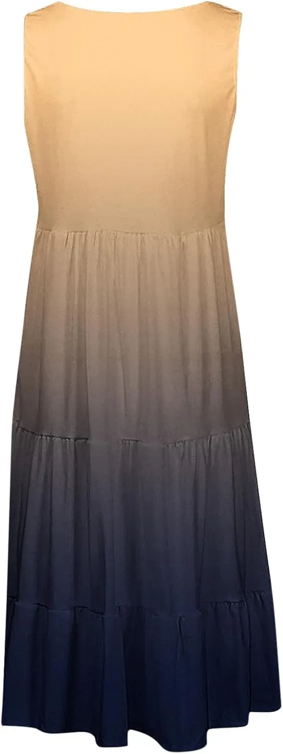 Sun Dresses for Women 2024 Vacation Plus Size Gradient Loose Fit Ruched Beach Dresses Tiered Knee Length Dresses