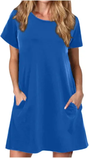 Sun Dresses Women Casual Loose Fit Short Sleeve Crew Neck Mini Dress Summer Knee Length T Shirt Dress with Pockets