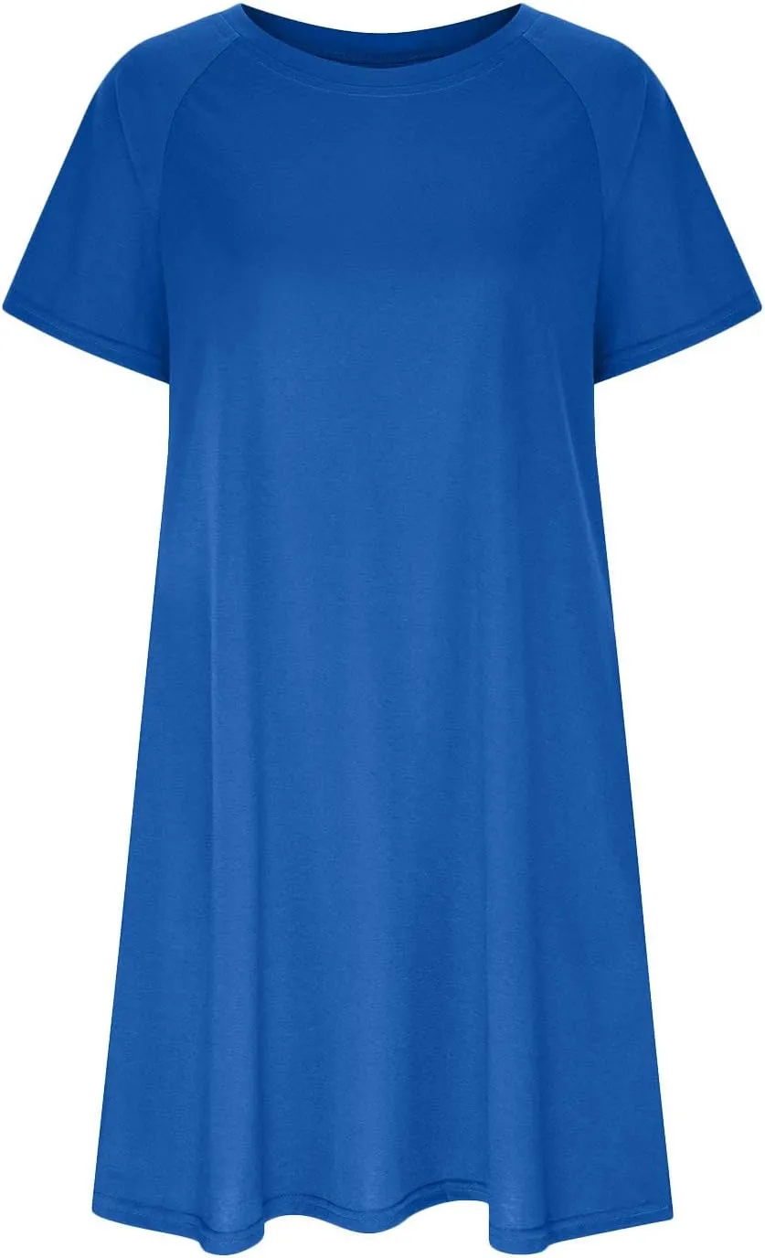 Sun Dresses Women Casual Loose Fit Short Sleeve Crew Neck Mini Dress Summer Knee Length T Shirt Dress with Pockets
