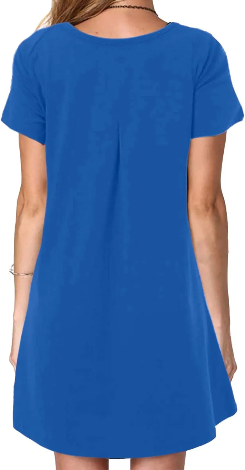 Sun Dresses Women Casual Loose Fit Short Sleeve Crew Neck Mini Dress Summer Knee Length T Shirt Dress with Pockets