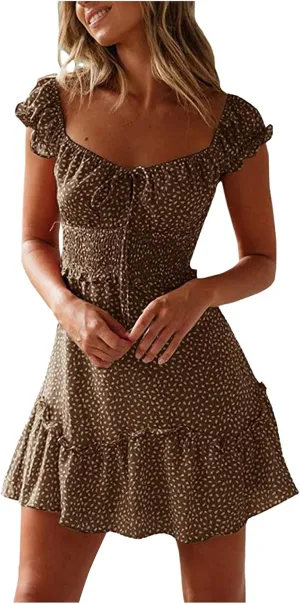Sundresses for Women 2024 Cute Summer Mini Dress Ruffle Sleeve Sweetheart Neckline Boho Floral Short Milkmaid Dress