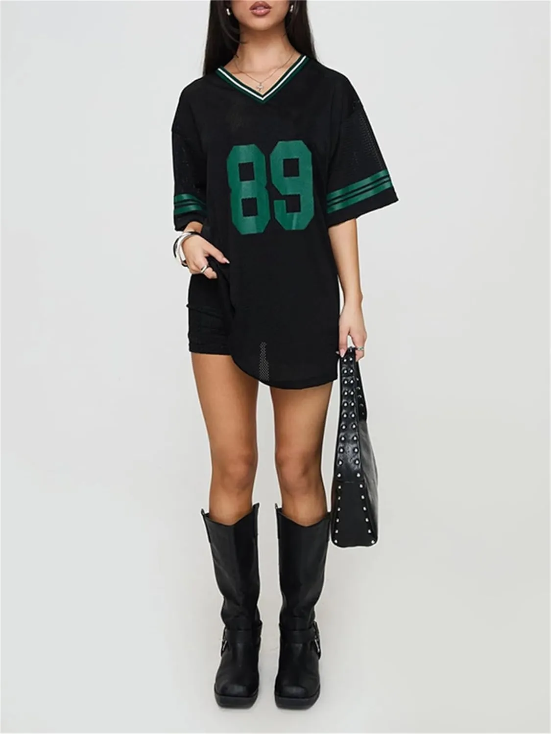 Sunloudy Oversized Jersey Shirts for Women Number Graphic Baggy Tees 90s V Neck Half Sleeve T-Shirts Streetwear Clothes