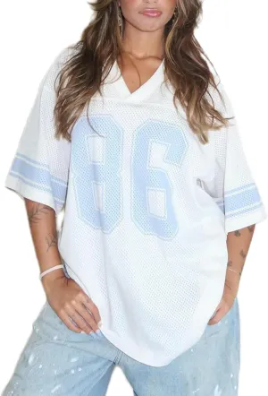Sunloudy Oversized Jersey Shirts for Women Number Graphic Baggy Tees 90s V Neck Half Sleeve T-Shirts Streetwear Clothes