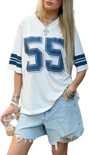 Sunloudy Oversized Jersey Shirts for Women Number Graphic Baggy Tees 90s V Neck Half Sleeve T-Shirts Streetwear Clothes