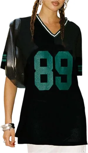 Sunloudy Oversized Jersey Shirts for Women Number Graphic Baggy Tees 90s V Neck Half Sleeve T-Shirts Streetwear Clothes