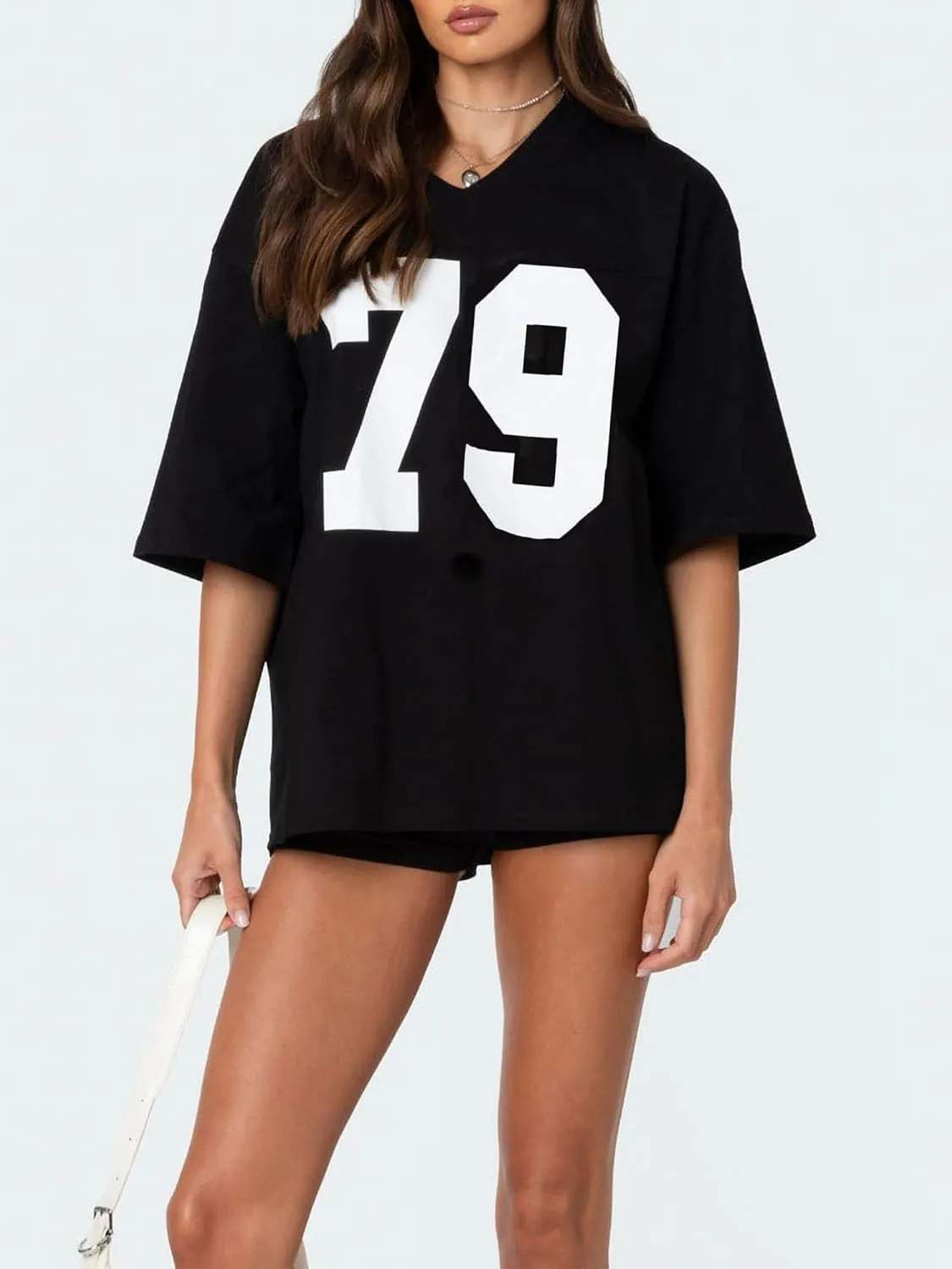 Sunloudy Oversized Jersey Shirts for Women Number Graphic Baggy Tees 90s V Neck Half Sleeve T-Shirts Streetwear Clothes