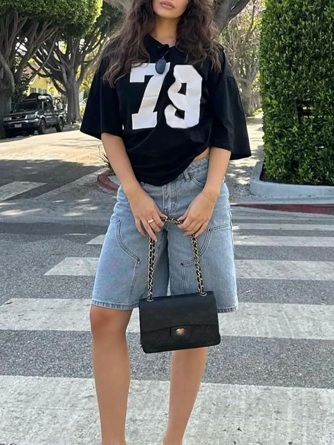 Sunloudy Oversized Jersey Shirts for Women Number Graphic Baggy Tees 90s V Neck Half Sleeve T-Shirts Streetwear Clothes