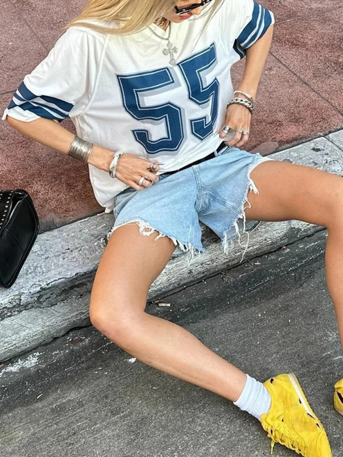 Sunloudy Oversized Jersey Shirts for Women Number Graphic Baggy Tees 90s V Neck Half Sleeve T-Shirts Streetwear Clothes