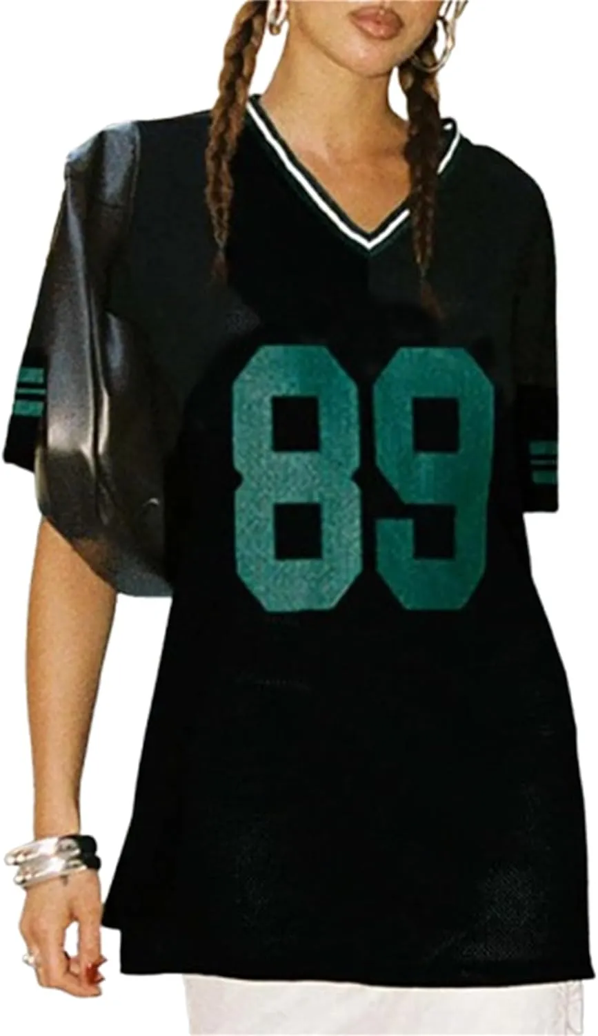 Sunloudy Oversized Jersey Shirts for Women Number Graphic Baggy Tees 90s V Neck Half Sleeve T-Shirts Streetwear Clothes