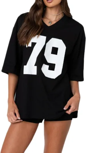 Sunloudy Oversized Jersey Shirts for Women Number Graphic Baggy Tees 90s V Neck Half Sleeve T-Shirts Streetwear Clothes